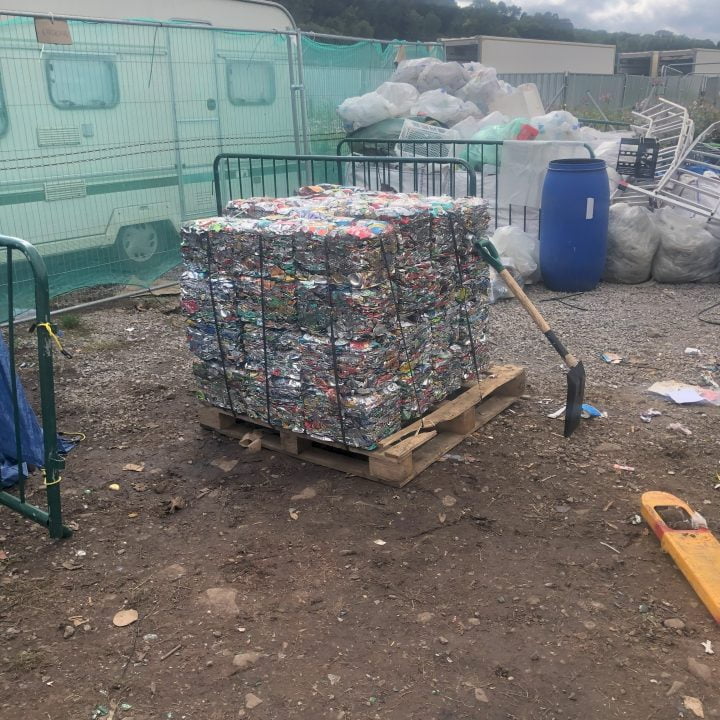 Bales of drinks cans once crushed and stacked